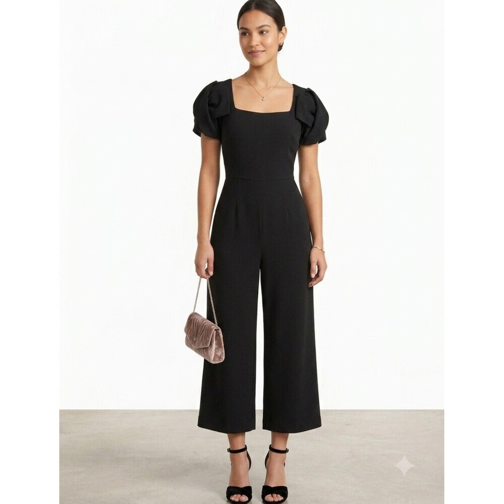 Belle Badgley Mischka Jumpsuit Size 6 Black Square Neck Wide Leg Pockets